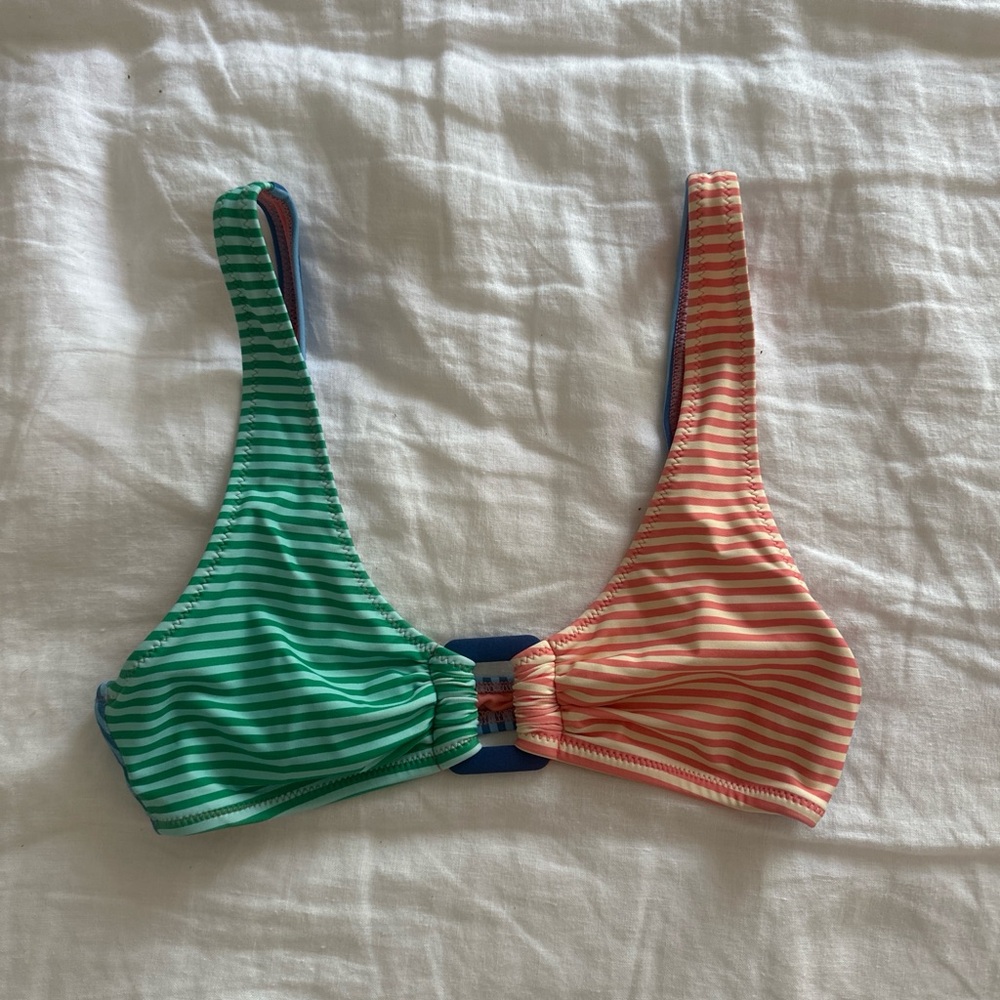 Striped Two-Tone Bikini Top — Green & Coral